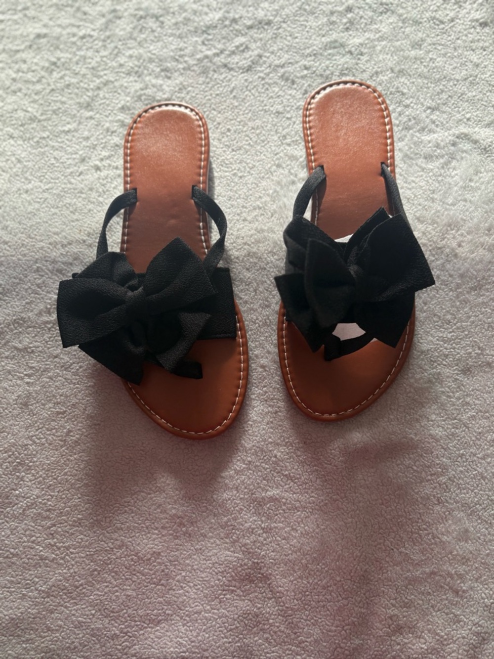 Black Bow Sandals Size 40 (US 9) Brown Sole Cute Summer Flat Slides